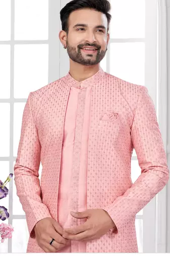 Peach embroidered jacket attached indo-western sherwani set with thread, stone & fancy button work.