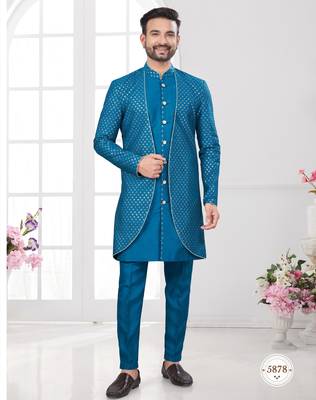 Blue embroidered jacket attached indo-western sherwani set with thread, stone & fancy button work. 1