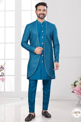 Blue embroidered jacket attached indo-western sherwani set with thread, stone & fancy button work.