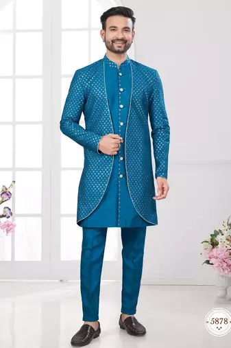 Blue embroidered jacket attached indo-western sherwani set with thread, stone & fancy button work.