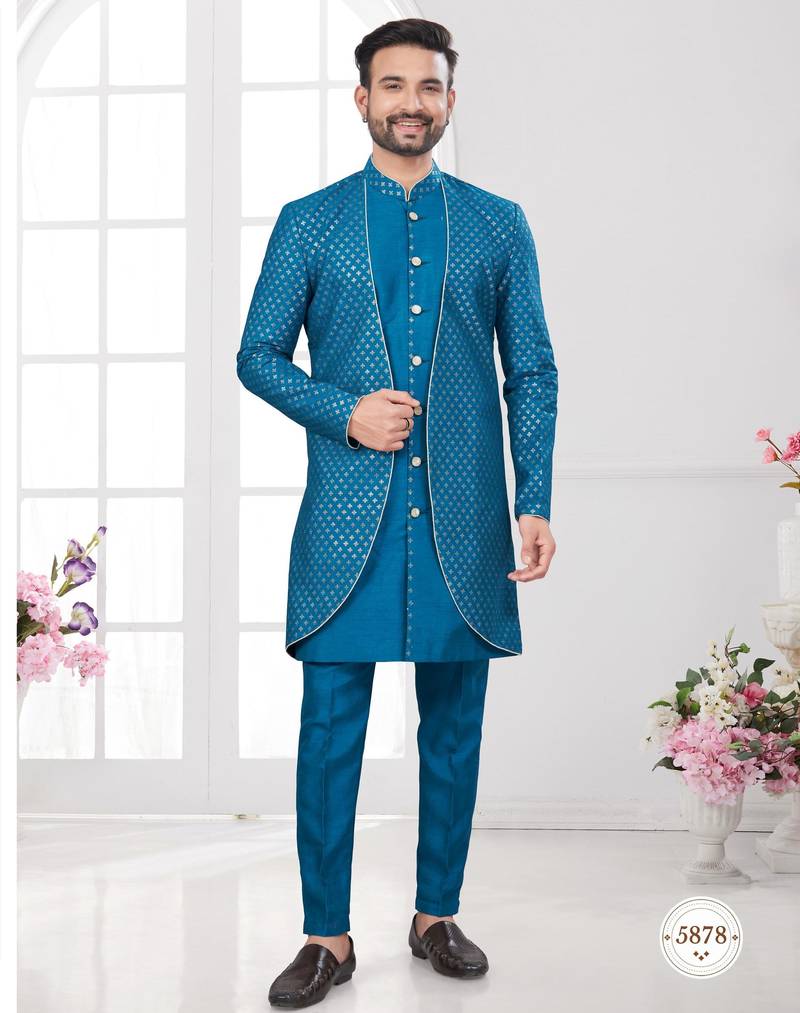 Blue embroidered jacket attached indo-western sherwani set with thread, stone & fancy button work.