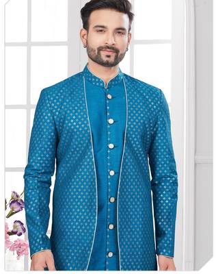 Blue embroidered jacket attached indo-western sherwani set with thread, stone & fancy button work. 2