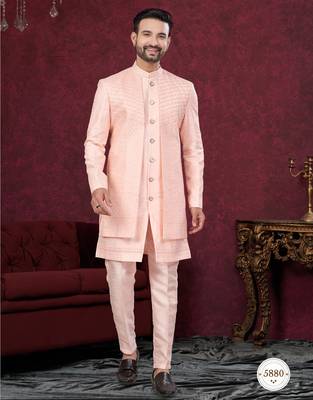 Peach embroidered jacket attached indo-western sherwani set with thread, stone & fancy button work. 1