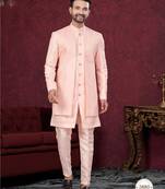 Peach embroidered jacket attached indo-western sherwani set with thread, stone & fancy button work.