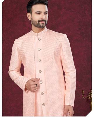 Peach embroidered jacket attached indo-western sherwani set with thread, stone & fancy button work. 2
