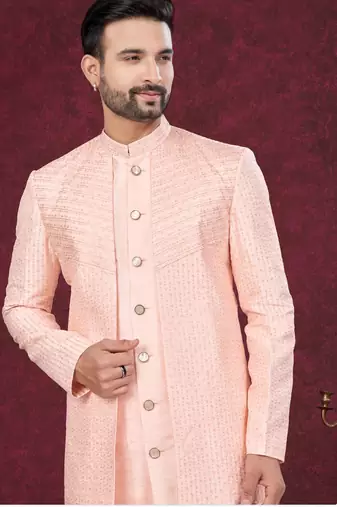 Peach embroidered jacket attached indo-western sherwani set with thread, stone & fancy button work.