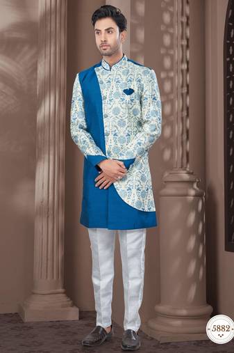Firozi cream embroidered jacket attached indo-western sherwani set with thread, stone & fancy button work.