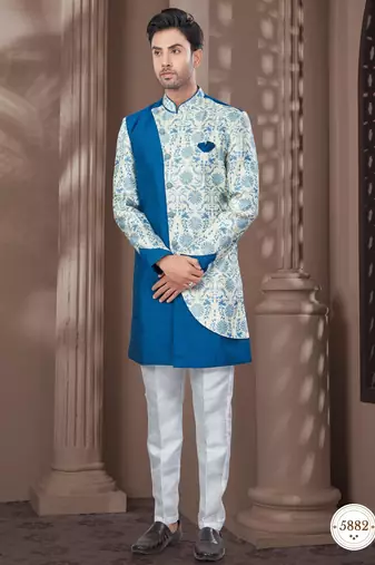 Firozi cream embroidered jacket attached indo-western sherwani set with thread, stone & fancy button work.