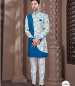 Firozi cream embroidered jacket attached indo-western sherwani set with thread, stone & fancy button work.