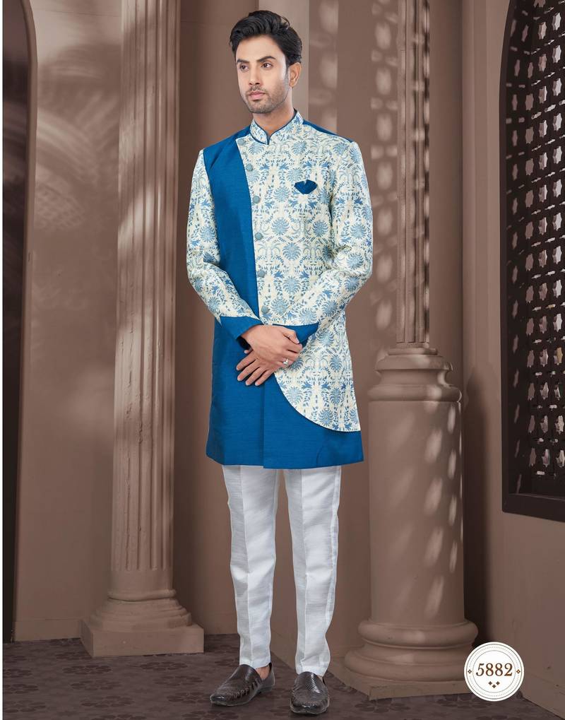 Firozi cream embroidered jacket attached indo-western sherwani set with thread, stone & fancy button work.