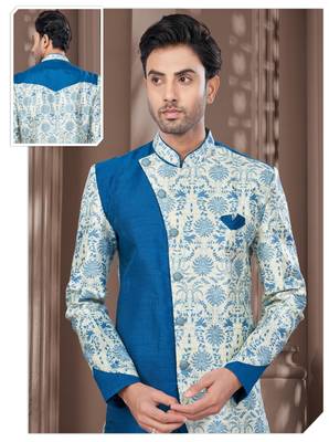 Firozi cream embroidered jacket attached indo-western sherwani set with thread, stone & fancy button work. 2