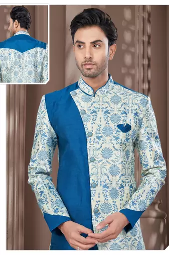 Firozi cream embroidered jacket attached indo-western sherwani set with thread, stone & fancy button work.