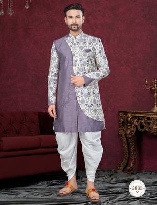 Purple cream embroidered jacket attached indo-western sherwani set with thread, stone & fancy button work. 1
