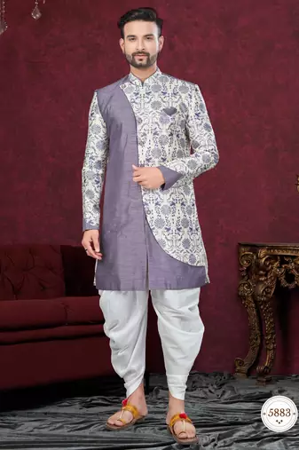 Purple cream embroidered jacket attached indo-western sherwani set with thread, stone & fancy button work.