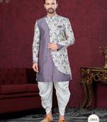 Purple cream embroidered jacket attached indo-western sherwani set with thread, stone & fancy button work.
