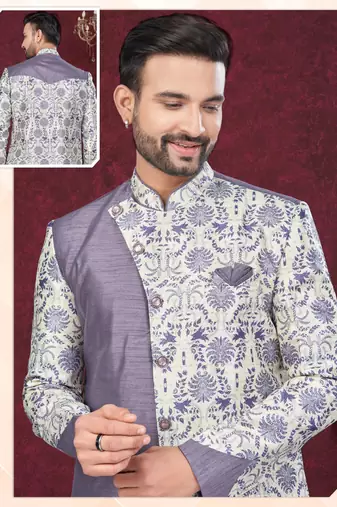 Purple cream embroidered jacket attached indo-western sherwani set with thread, stone & fancy button work.