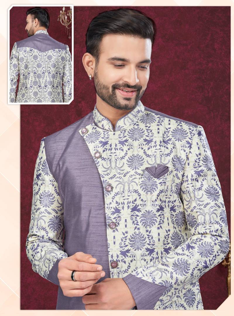 Purple cream embroidered jacket attached indo-western sherwani set with thread, stone & fancy button work.