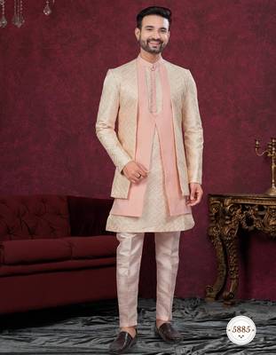 Peach cream embroidered jacket attached indo-western sherwani set with thread, stone & fancy button work. 1