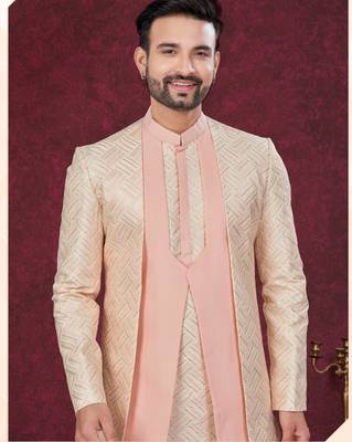 Peach cream embroidered jacket attached indo-western sherwani set with thread, stone & fancy button work. 2