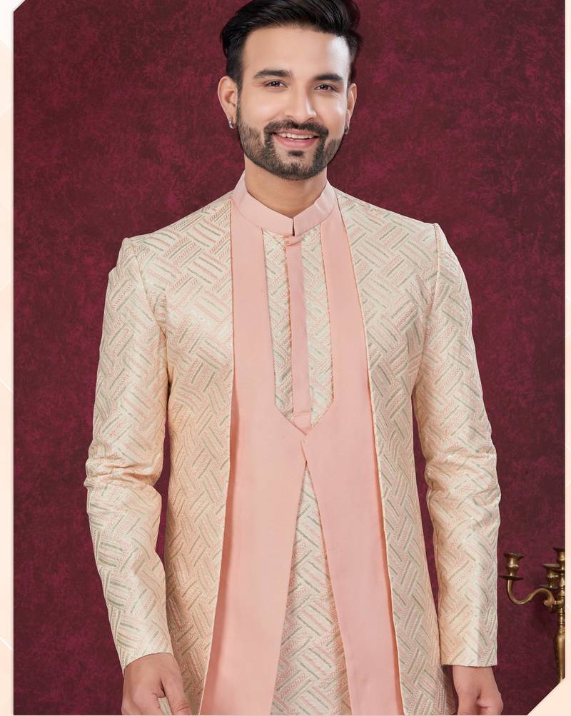 Peach cream embroidered jacket attached indo-western sherwani set with thread, stone & fancy button work.