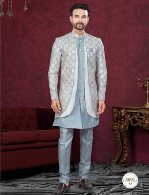 Grey gold  embroidered jacket attached indo-western sherwani set with thread, stone & fancy button work. 1