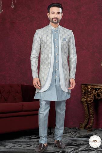 Grey gold  embroidered jacket attached indo-western sherwani set with thread, stone & fancy button work.
