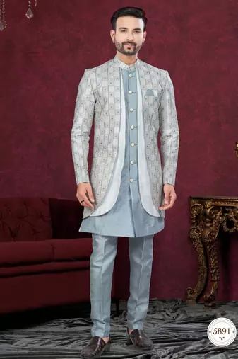 Grey gold  embroidered jacket attached indo-western sherwani set with thread, stone & fancy button work.