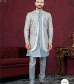 Grey gold  embroidered jacket attached indo-western sherwani set with thread, stone & fancy button work.