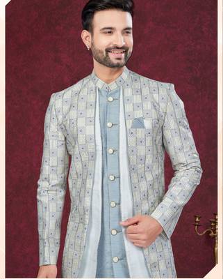 Grey gold  embroidered jacket attached indo-western sherwani set with thread, stone & fancy button work. 2
