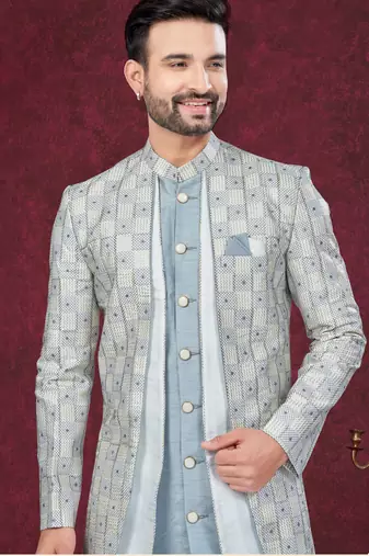 Grey gold  embroidered jacket attached indo-western sherwani set with thread, stone & fancy button work.