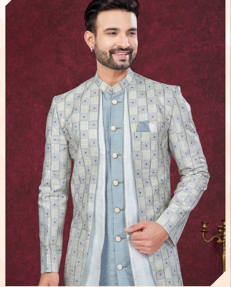 Grey gold  embroidered jacket attached indo-western sherwani set with thread, stone & fancy button work.