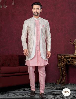 Pink off white embroidered jacket attached indo-western sherwani set with thread, stone & fancy button work. 1