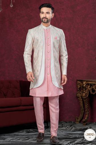 Pink off white embroidered jacket attached indo-western sherwani set with thread, stone & fancy button work.