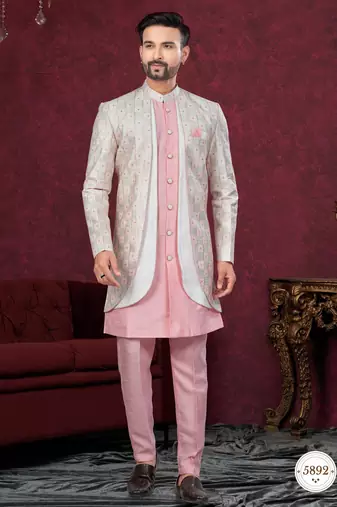 Pink off white embroidered jacket attached indo-western sherwani set with thread, stone & fancy button work.