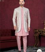 Pink off white embroidered jacket attached indo-western sherwani set with thread, stone & fancy button work.