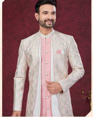 Pink off white embroidered jacket attached indo-western sherwani set with thread, stone & fancy button work. 2