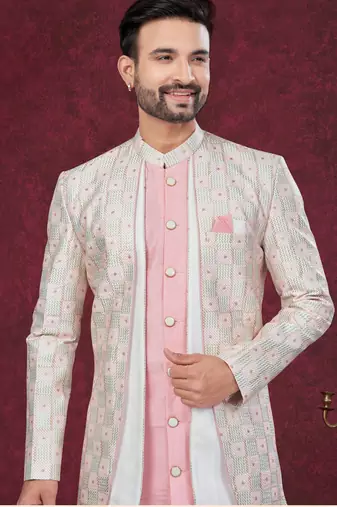 Pink off white embroidered jacket attached indo-western sherwani set with thread, stone & fancy button work.