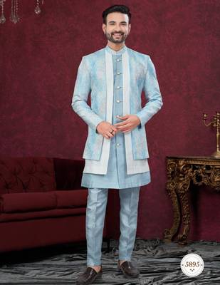 Blue off white embroidered jacket attached indo-western sherwani set with thread, stone & fancy button work. 1