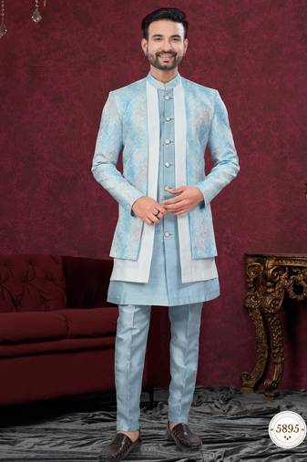 Blue off white embroidered jacket attached indo-western sherwani set with thread, stone & fancy button work.