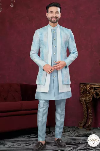 Blue off white embroidered jacket attached indo-western sherwani set with thread, stone & fancy button work.