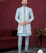 Blue off white embroidered jacket attached indo-western sherwani set with thread, stone & fancy button work.