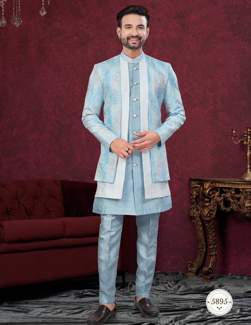 Blue off white embroidered jacket attached indo-western sherwani set with thread, stone & fancy button work.
