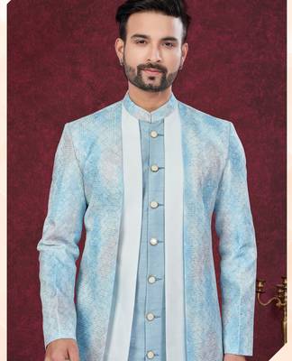 Blue off white embroidered jacket attached indo-western sherwani set with thread, stone & fancy button work. 2