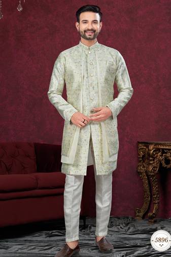 Green off white embroidered jacket attached indo-western sherwani set with thread, stone & fancy button work.