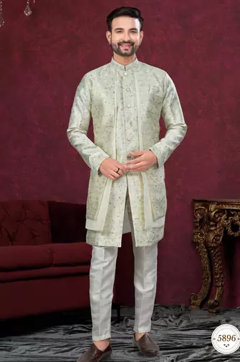 Green off white embroidered jacket attached indo-western sherwani set with thread, stone & fancy button work.
