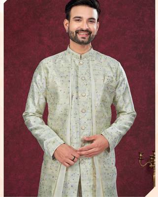 Green off white embroidered jacket attached indo-western sherwani set with thread, stone & fancy button work. 2