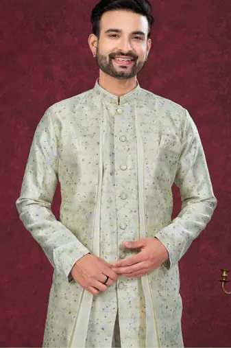 Green off white embroidered jacket attached indo-western sherwani set with thread, stone & fancy button work.