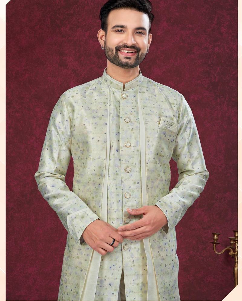 Green off white embroidered jacket attached indo-western sherwani set with thread, stone & fancy button work.