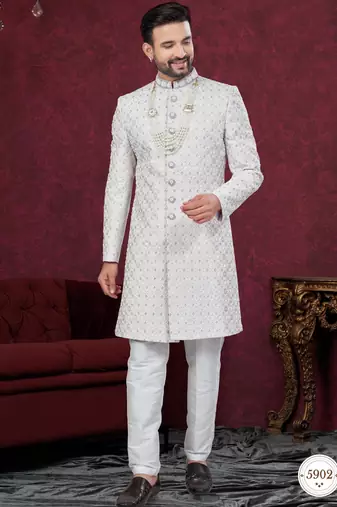 Grey off white embroidered jacket attached indo-western sherwani set with thread, stone & fancy button work.