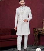 Grey off white embroidered jacket attached indo-western sherwani set with thread, stone & fancy button work.
